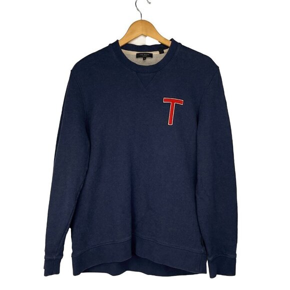 TED BAKER WELLOE Round Neck Chest Logo Cotton Navy Blue Varsity Sweatshirt Sz M - Picture 8 of 16